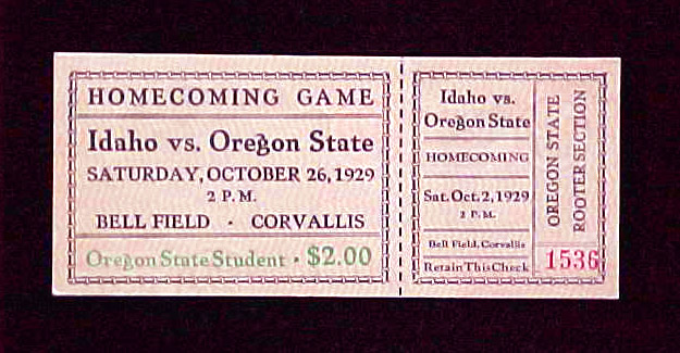 1929 OSU/Idaho game day ticket